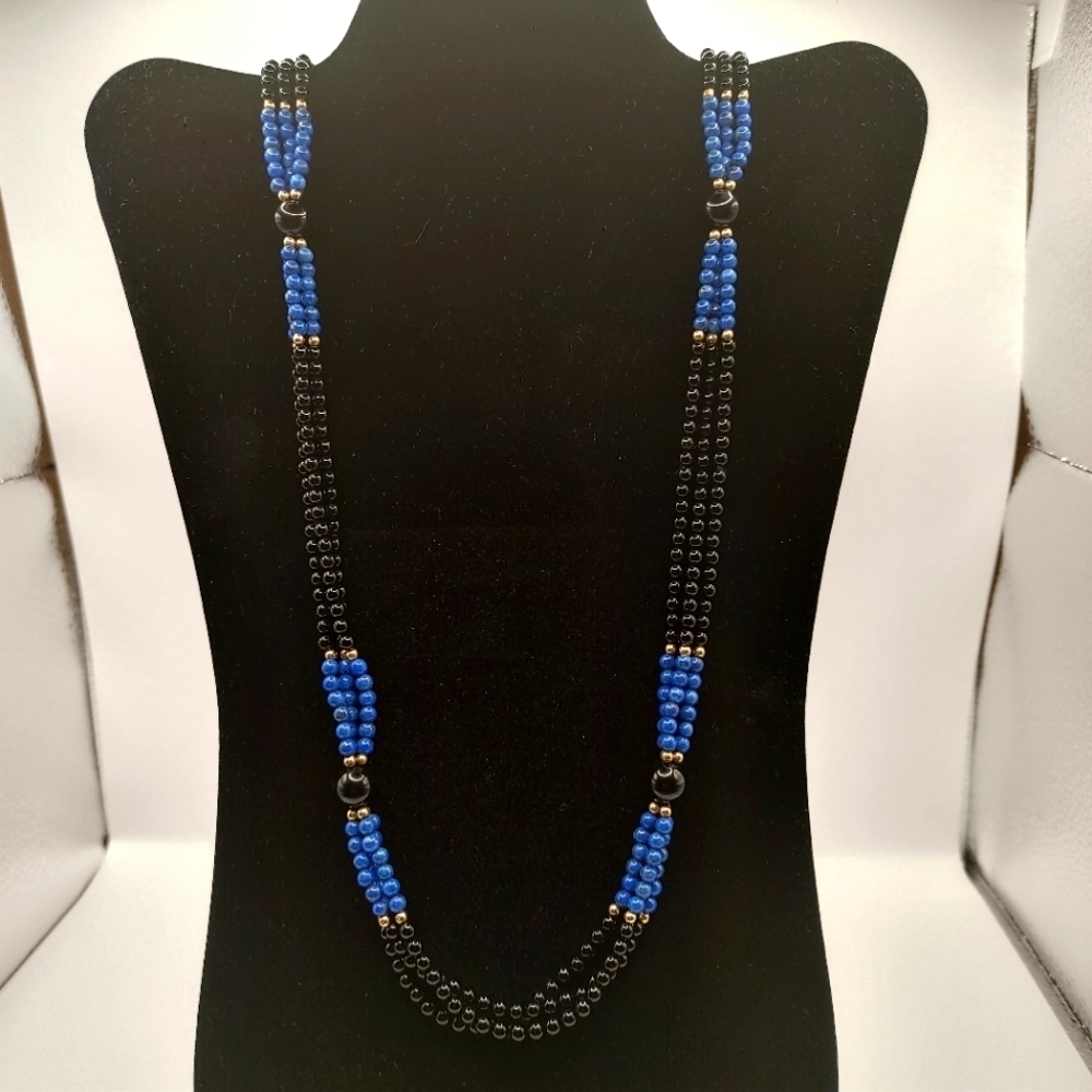 Lapis Lazuli Stone, Black Jet Stones And 14k Gold Round Beads Long Necklace